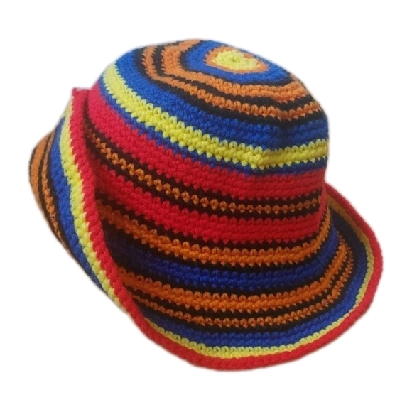 Boho Hippie Crochet Rainbow Striped Bucket Hat Adult One Size Handmade Festival - Picture 5 of 8